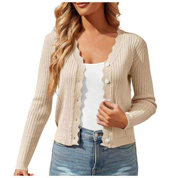 Spring Cardigan Ladies Long Sleeve Cropped Lightweight Cardigan Button Down Sweaters V Neck Women's Cardigans Beige M