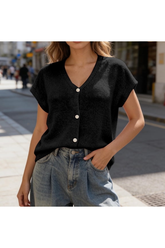 Spring Cardigans for Women Short Sleeves Knitted Button Up Sweater Cardigan V Neck Casual Sweater Coat Short Sleeves Sweater Cardigans for Women (Black XL)