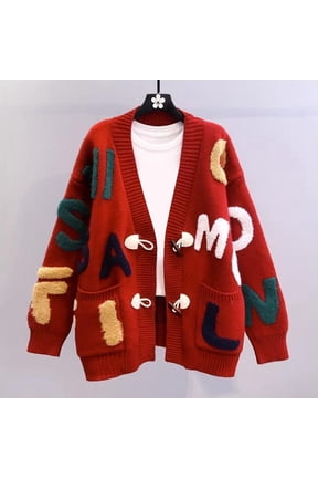 Spring Cardigans for Women Crochet Knit Letters Open Front Sweater Cardigans with Pockets Button Sheep V Neck Slouchy Sweater Coat (Red One Size)