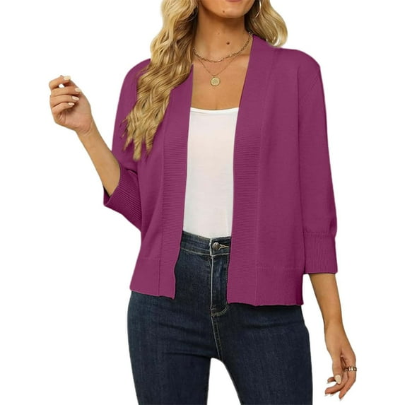 Spring Cardigans for Women Open Front 3/4 Sleeves Knitted Sweater Cardigan Lightweight Crochet Cardigans for Women (Dark Purple XXS)
