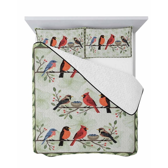 Spring Cardinal 3 Piece Quilt Set Queen Size, Birds Light Green Leaf Background Rustic Country Soft Bedspread Coverlet Bedding Set Microfiber Lightweight Comforter Set with 2 Pillowcases for Bedroom
