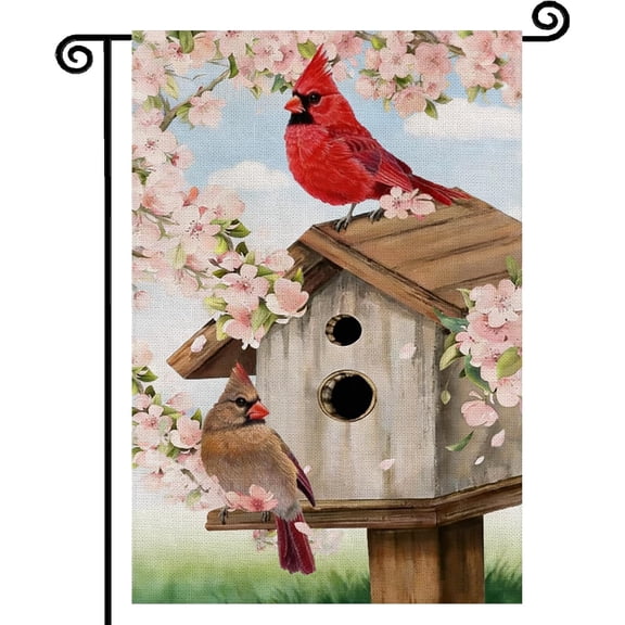 Spring Cardinal Bird Farmhouse Outdoor Garden Flag 12x18 Double Sided Burlap Pink Flowers Tree Summer Holiday Decor