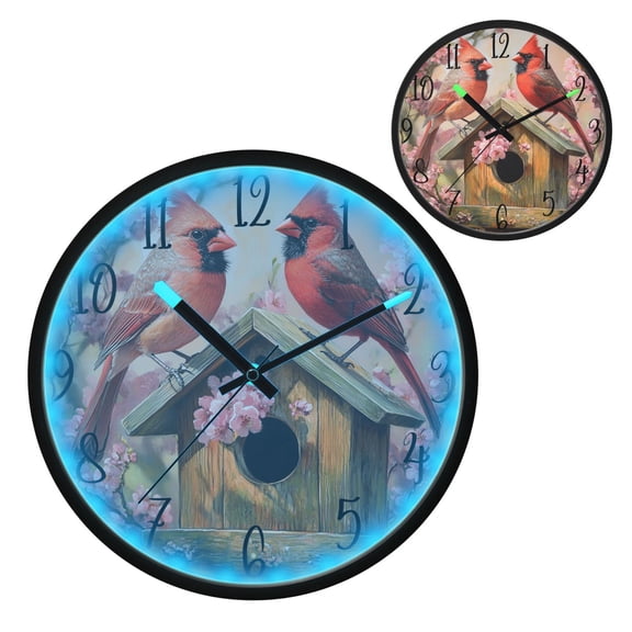 Spring Cardinal Bird Luminous Wall Clock with Sound-Activated LED 12-Inch Silent Acrylic Timepiece for Bedroom Livingroom or Office