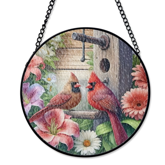 Spring Cardinal Flowers Male Female Stained Glass Style Suncatcher, UV Printed Glass Bird Couple Decor, Round