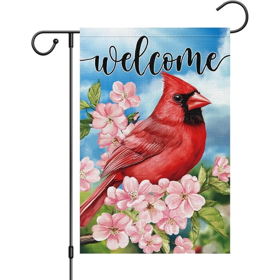 Spring Cardinal Garden Flag 12x18 Inch Double Sided Burlap Bird and Flower Design for Outdoor Farmhouse Yard Decorations