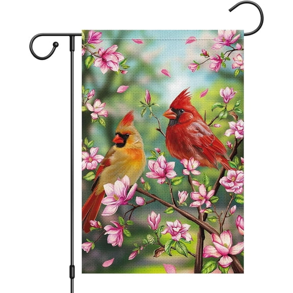 Spring Cardinal Garden Flag Double Sided Burlap Magnolia Flower 12x18 Inch Red Bird House Welcome Flag for Seasonal Farmhouse Yard Outdoor Decor