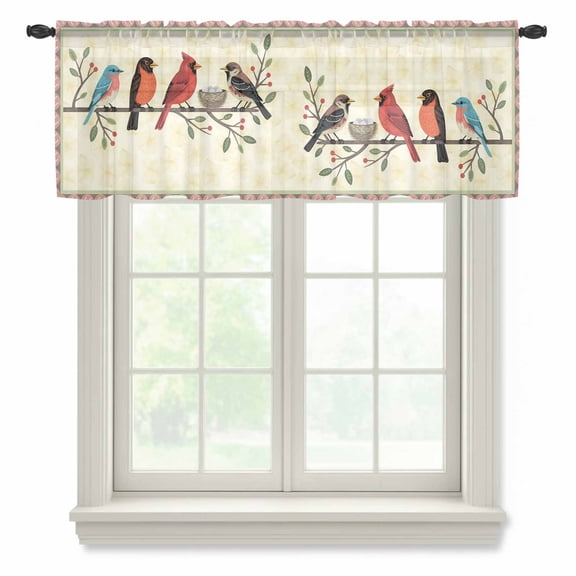 Spring Cardinal Sheer Valances for Windows, Birds Berries Leaf Branch Rustic Country Semi Sheer Kitchen Valance Rod Pocket Small Voile Window Curtains for Living Room Bedroom 42 x 12 Inch