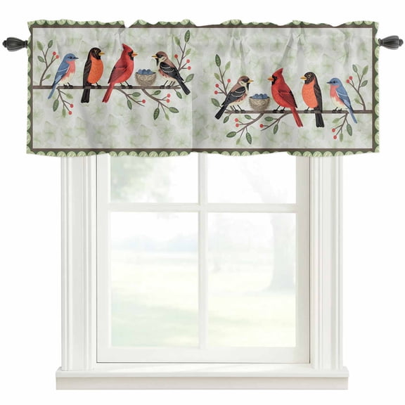 Spring Cardinal Valances for Windows Birds Light Green Leaf Background Rustic Country Rod Pocket Curtain Valance Window Treatment Short Curtains for Kitchen Living Room, 42"x12"