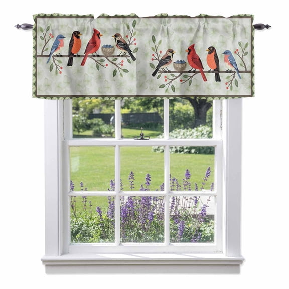 Spring Cardinal Valances for Windows, Birds Light Green Leaf Background Rustic Country Valance Window Treatment Rod Pocket Short Curtains Valances for Kitchen Bathroom 60"W x 18"L