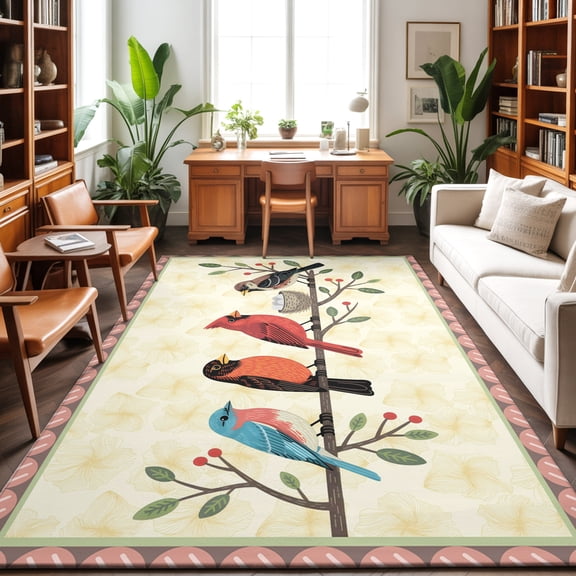 Spring Cardinal Washable Area Rug 9 x 12 ft Birds Berries Leaf Branch Rustic Country, Soft Non Slip Rugs Stain Repellent Indoor Felt Carpet for Living Dining Room Bedroom Home Office