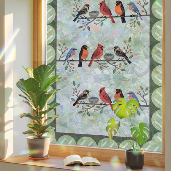 Spring Cardinal Window Privacy Film, Birds Light Green Leaf Background Rustic Country Stained Glass Rainbow Film Decorative Window Clings, Static Cling Sun Blocking Stickers 17.7" x 39.3"