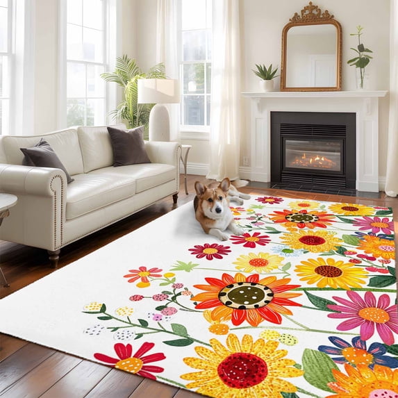 Spring Cartoon Large Area Rugs 6x9 ft Multicolor Sunflower Cute Floral Leaves Washable Rug Non Slip Indoor Carpet Absorbent Floor Mat for Living Room Bedroom Dining Room