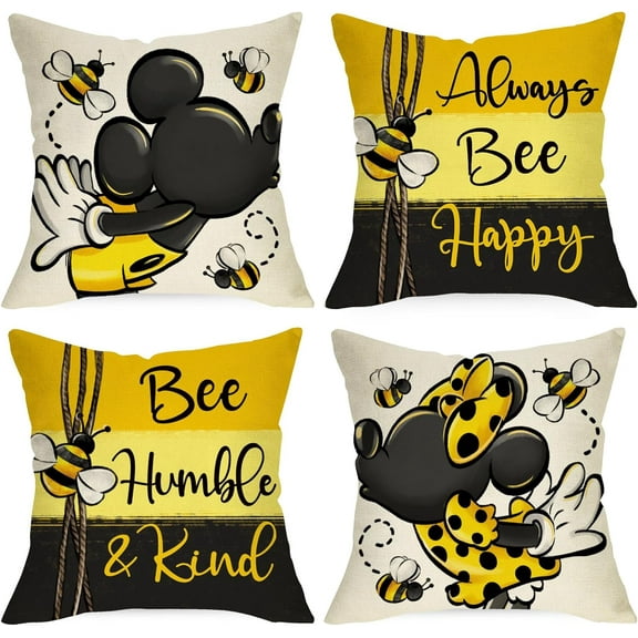Spring Cartoon Mouse Decorative Throw Pillow Covers 18 x 18 Set of 4, Always Bee Happy Yellow Black Stripes Cushion Case Decor, Bee Humble Kind Polka Dot Home Decoration for Sofa Couch