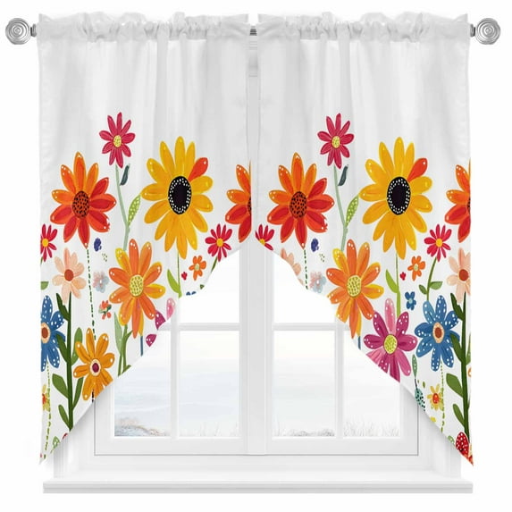 Spring Cartoon Swag Curtain Valance for Windows, Multicolor Sunflower Cute Flower Window Treatments Short Swag Topper for Kitchen Windows Bathroom Bedroom, 36"x36"