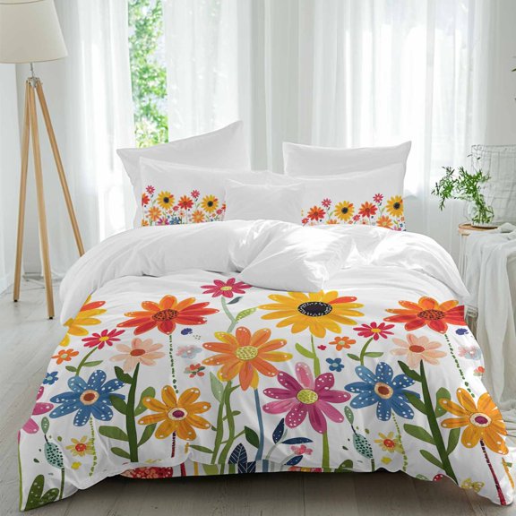 Spring Cartoon Twin Duvet Cover Set, Multicolor Sunflower Cute Flower 4 Piece Microfiber Bedding Set with Zipper Closure, Bed Sheet and 2 Pillow Shams, Soft Bedding Cover