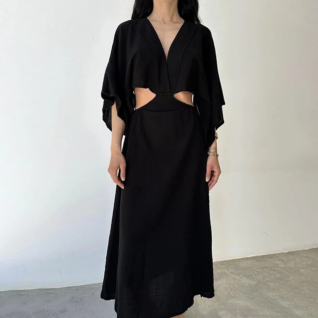 Spring Casual Solid Cotton Linen Dresses Women Sexy V Neck Hollow Out Long  Dress Summer Backless Batwing Sleeve Slim Party Dress - Walmart Business  Supplies