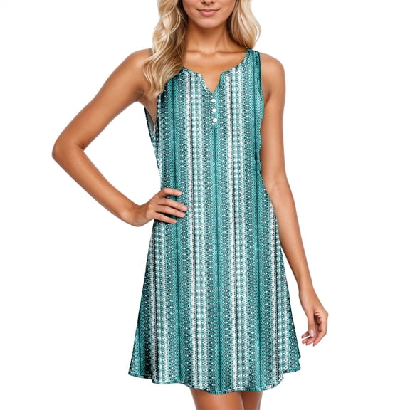 Spring Casual Sundress for Women Sleeveless Floral Print V Neck Button Front Mini Dress Green