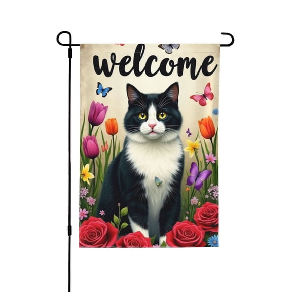 Spring Cat Garden Flag 12X18 Inch Black And White Cat With Red Roses And Pink Butterflies Double Sided Summer Butterfly Colorful Floral Flower Yard Outdoor Flag House Holiday Outside Decoration
