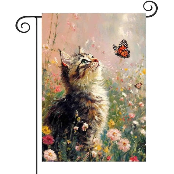 Spring Cat Garden Flag 12x18 Inch Double Sided, Painting Style Floral Butterfly Outdoor Yard Flag Welcome Seasonal Outside Decorations