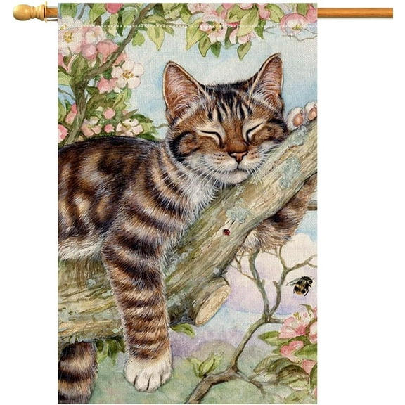 Spring Cat House Flag 28 x 40 Vertical Double Sided Pink Floral Farmhouse Holiday Outside Decorations Burlap Yard Flag BW573-40