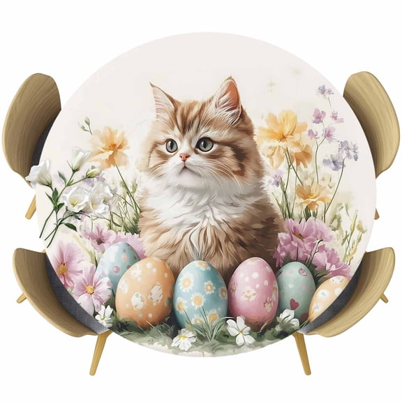 Spring Cats Round Tablecloth 36-44 Inch Round Fitted Table Cloth with Elastic Edge, Spring Colorful Eggs Yellow Flowers Herbs Waterproof Table Cover Protector for Outdoor Picnic Party Dining