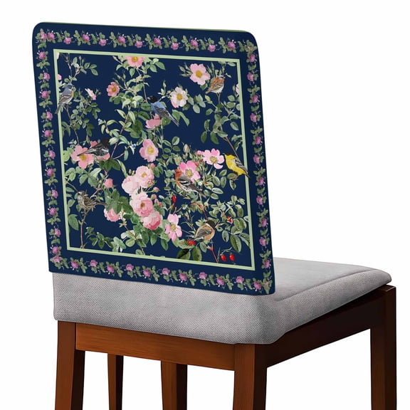 Spring Chair Covers Set of 4 Oriental Traditional Ethnic Floral Birds Retro Navy Blue Chair Back Covers Stretch Removable Washable Slipcovers Protector for Dining Room Kitchen Party Decor