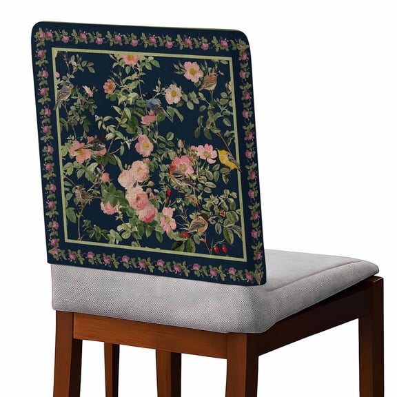 Spring Chair Covers Set of 4 Traditional Ethnic Floral Birds Retro Navy Blue Linen Chair Back Covers Stretch Removable Washable Slipcovers Protector for Dining Room Kitchen Party Decor