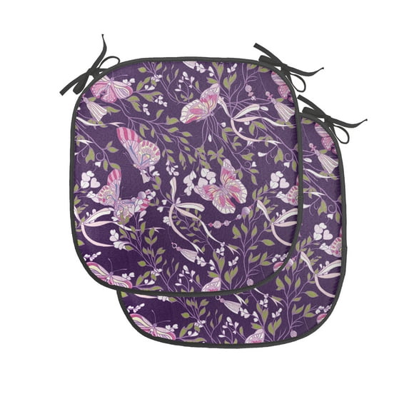 Spring Chair Seating Cushion Set of 2, Nature Themed Image with Abstract Butterflies and Floral Branches, Seat Pads for Office with Anti-slip Backing, 16"x16", Dark Purple Multicolor, by Ambesonne
