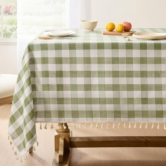 Spring Checkered Tablecloth Rectangle, Outdoor Linen Cotton Gingham Table Cloth with Tassel, Heavy Duty Wrinkle Free Buffalo Plaid Table Cover for Easter Dining Home - 55 x 84 Inch, Sage