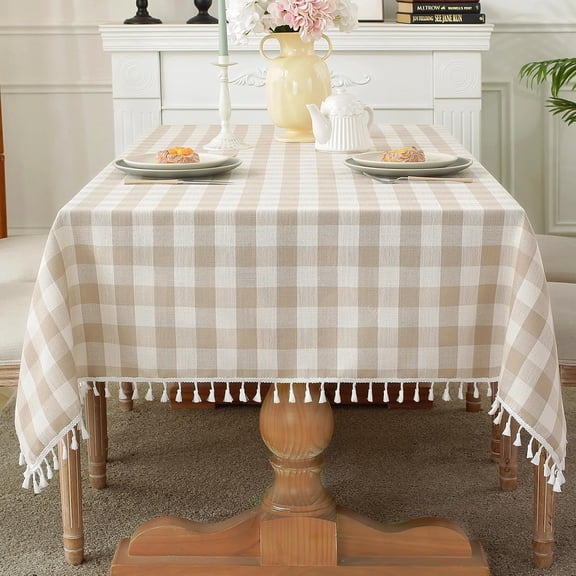 Spring Checkered Tablecloth Rectangle Washable Buffalo Plaid Table Cloth with Tassel Cotton Linen Gingham Table Cover for Picnic Kitchen Dining Room, Beige, 70 Inch
