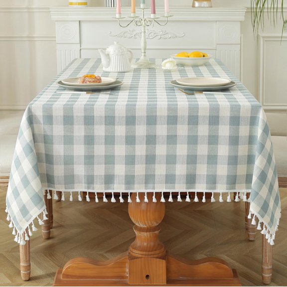Spring Checkered Tablecloth Rectangle Washable Buffalo Plaid Table Cloth with Tassel Cotton Linen Gingham Table Cover for Picnic Kitchen Dining Room, Blue, 70 Inch