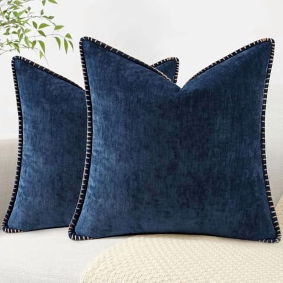Spring Chenille Soft Throw Pillow Covers 20x20 Set of 2, Farmhouse Velvet Neutral Decorative Pillow Covers with Stitched Edge for Couch Sofa Bed Home Decor, Poseidon