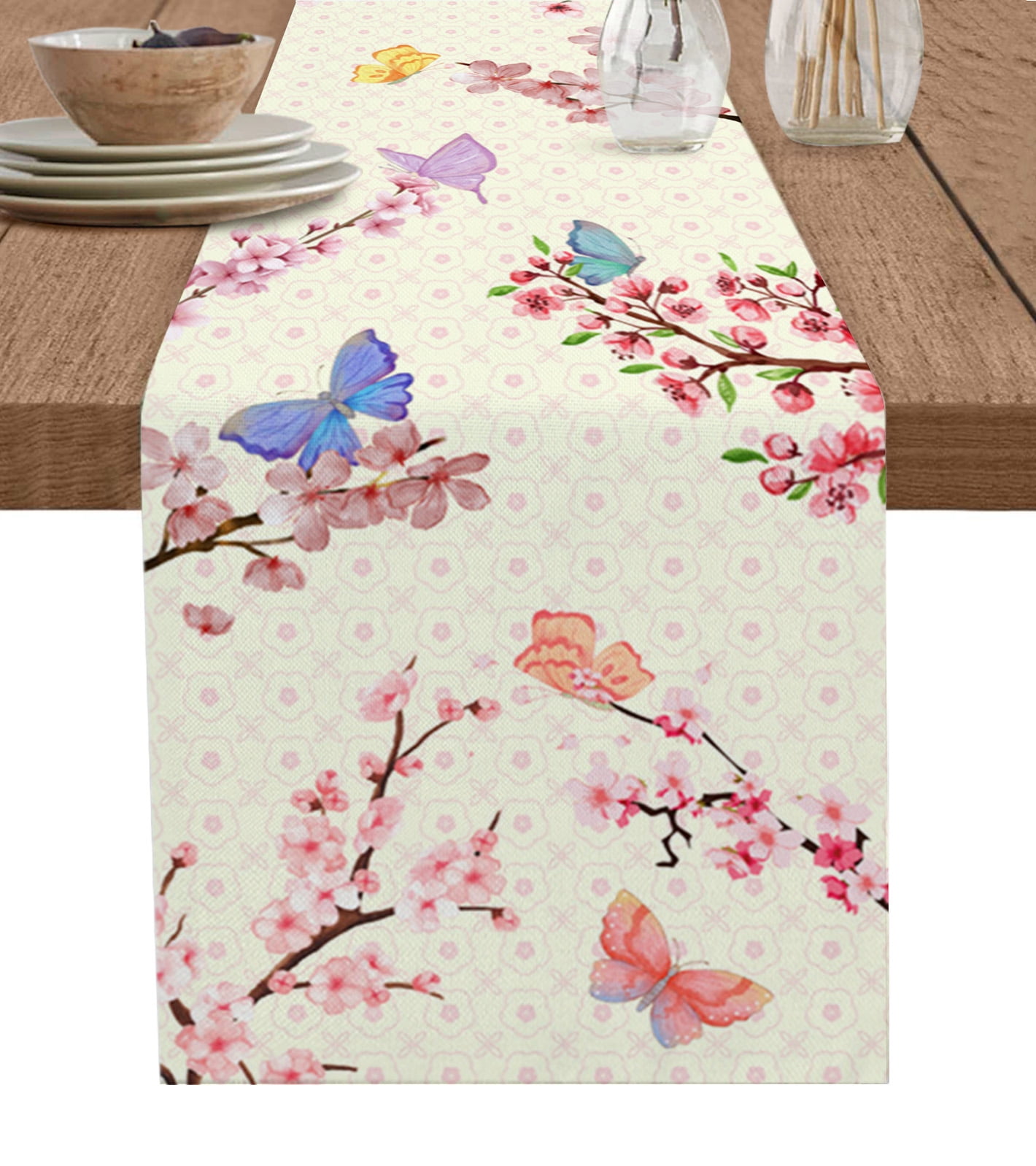 Spring Cherry Blossom Branch Flower Table Runner Home Wedding Table Mat