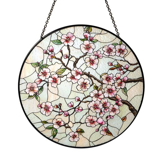 Spring Cherry Blossom Branch Stained Glass Style Suncatcher Window Hanging Decor, Pink Flower Window Panel Art, Floral Window Decoration Gift