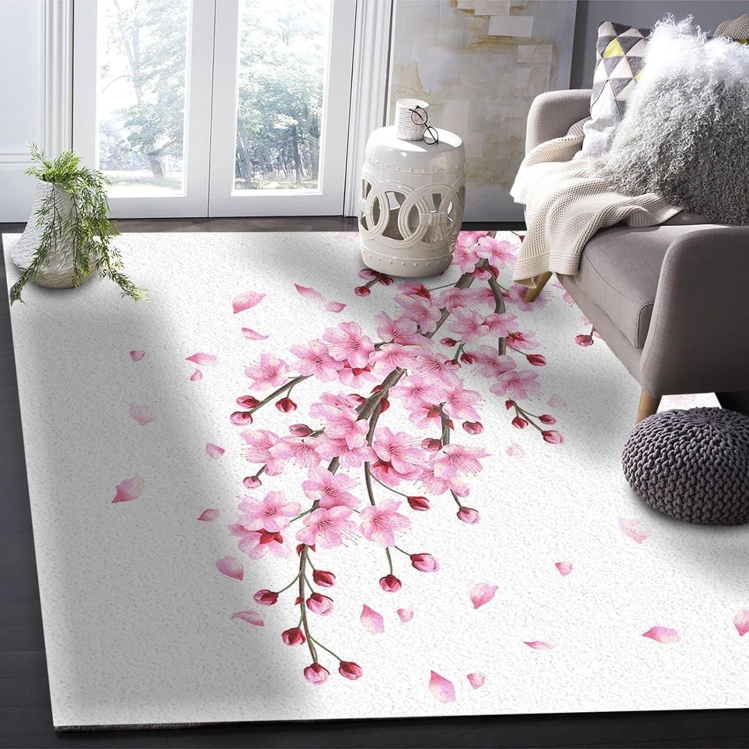 Sakura Rug Spring Cherry Blossom Branches Area Rug, Cartoon Pink Sakura Tree Non ...