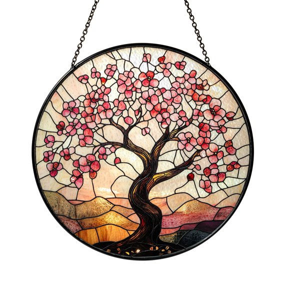 Spring Cherry Blossom Glass Suncatcher Window Decor, Peaceful Tree Landscape Hanging Ornament, Fresh Botanical Accent