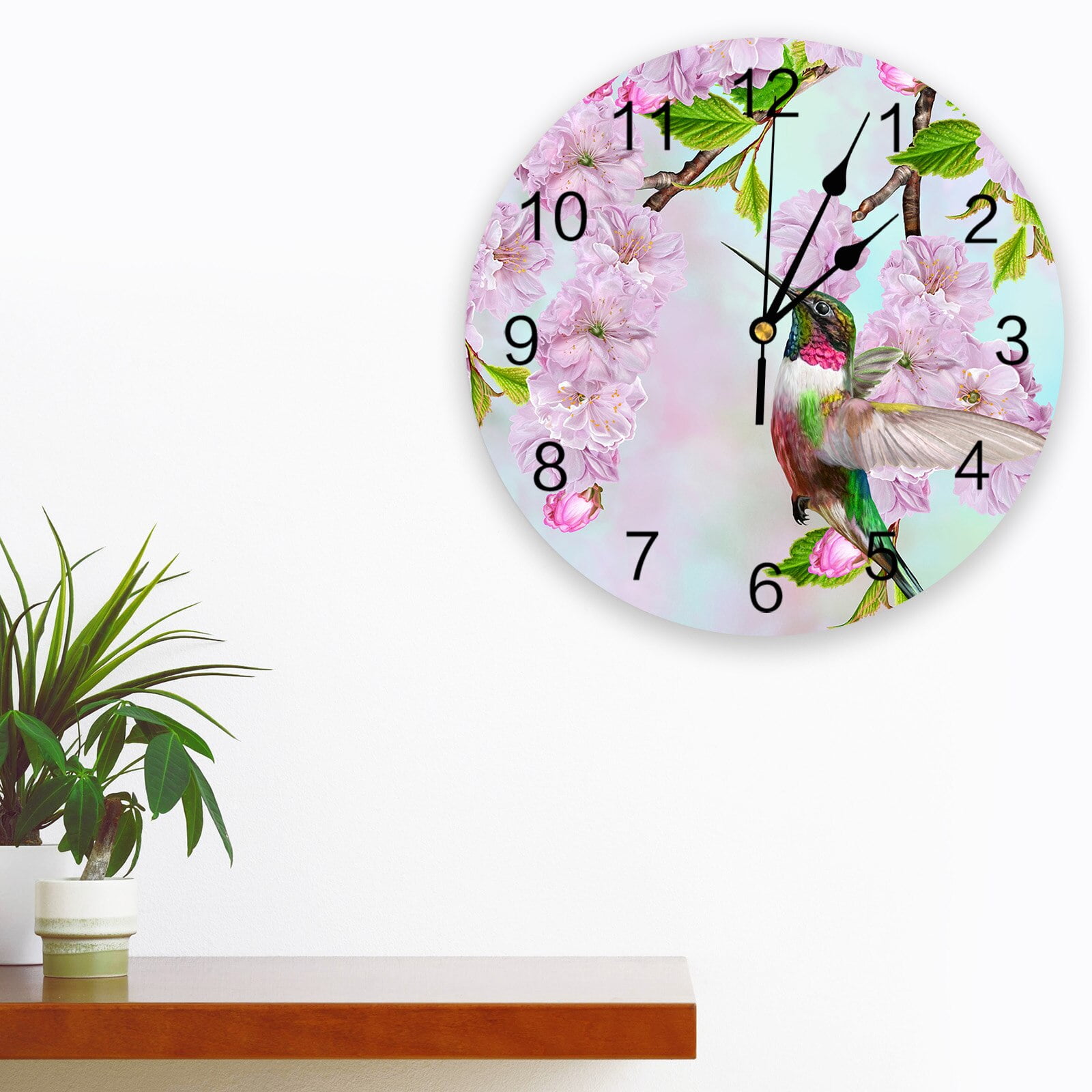 Spring Cherry Blossom Hummingbird Round Wall Clock for Home Decor
