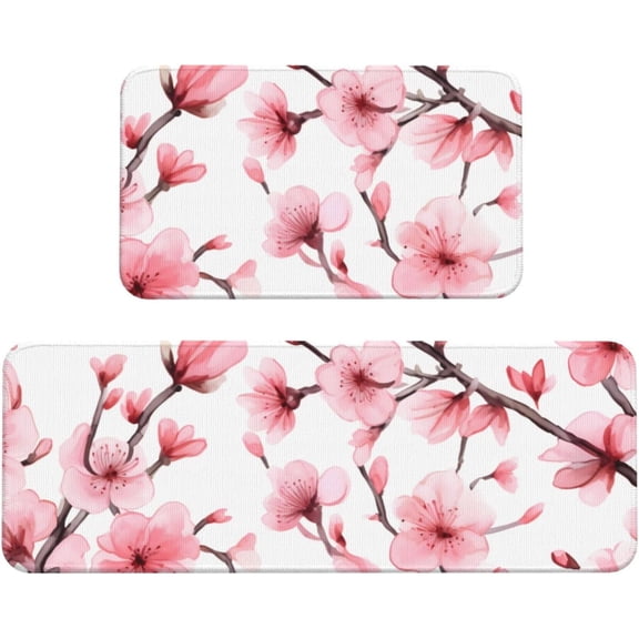 Spring Cherry Blossom Kitchen Mats for Floor, Flower Floral Kitchen Rug Runner Non-Slip Kitchen Mats and Rugs 2PCS Absorbent Standing Mats for Office Desk Sink