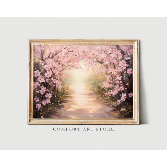 Spring Cherry Blossom Pathway Print Easter Decor Flower Spring Wall Art Vintage Cherry Blossom Printable Farmhouse Decor Pink Spring Season, F274, Unframed Canvas Size 16x24
