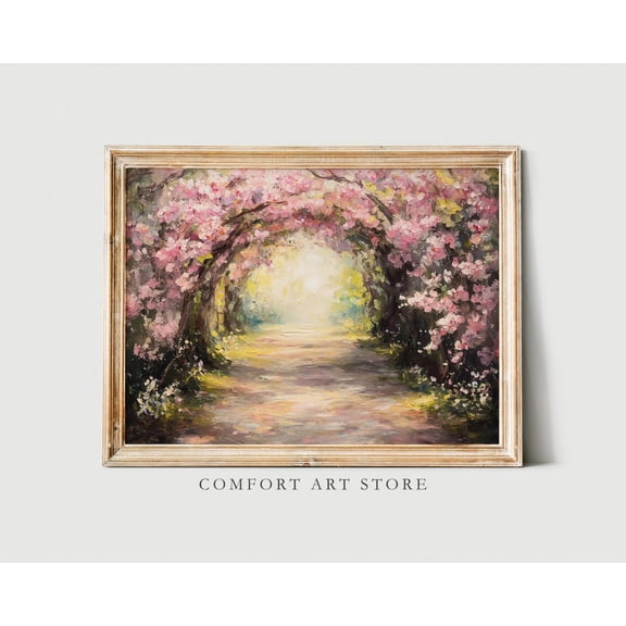 Spring Cherry Blossom Pathway Print Easter Decor Flower Spring Wall Art Vintage Cherry Blossom Printable Farmhouse Decor Pink Spring Season, F275, Unframed Poster Size 24x36