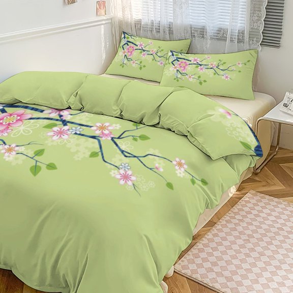 Spring Cherry Blossom Pattern Duvet Cover Set Bedding Set Polyester Quilt Cover for Bedroom Decoration