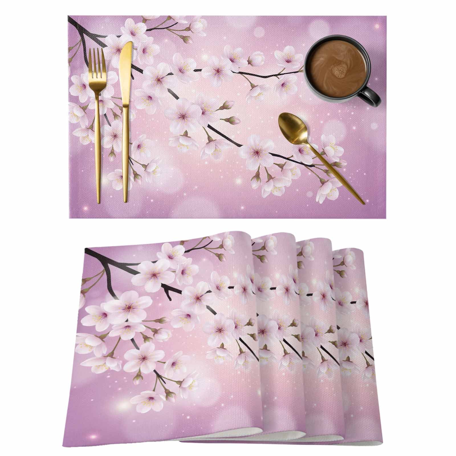 Spring Cherry Blossom Pink Flower Placemats Set of 6,Wipeable Washable ...