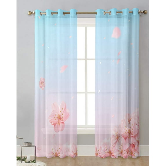 Spring Cherry Blossom Pink Petals Bedroom Sheer Window Curtains Living Room Tulle Curtains Voile Drapes for Hotel Kitchen