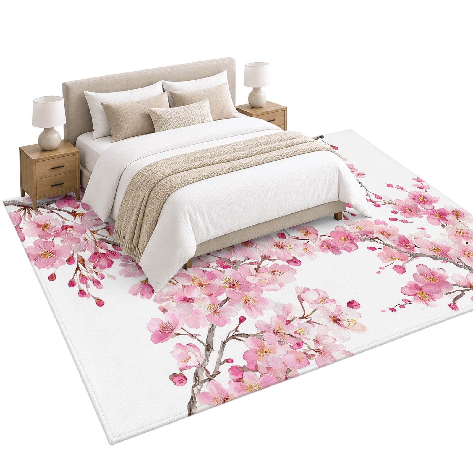 Spring Cherry Blossoms Area Rug 5'x7', Pink Flowers Branch Watercolor ...