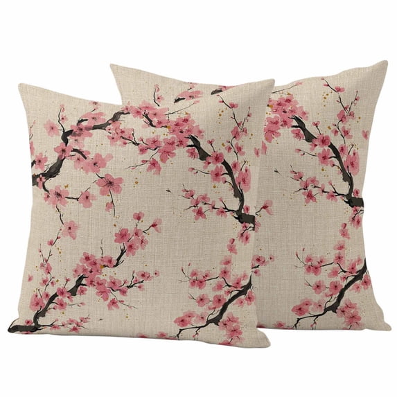 Spring Cherry Blossoms Pillow Covers 2 Pack Pink Flower Branch Vintage Linen Pillowcase Waterproof Outdoor Throw Pillow Cover for Patio Garden Square Cushion 18”x18”