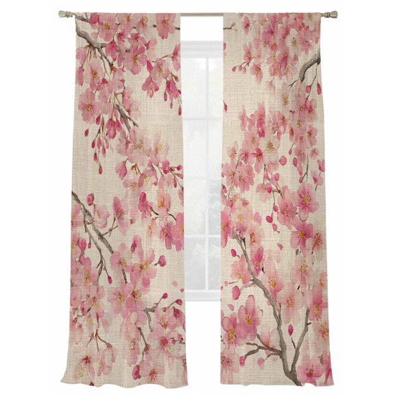 Spring Cherry Blossoms Sheer Curtains 2 Panels Set Vintage Pink Flowers Branch Watercolor Sheer Window Curtains Light Filtering Rod Pocket Voile Drapes for Bedroom Living Room 52"X84"