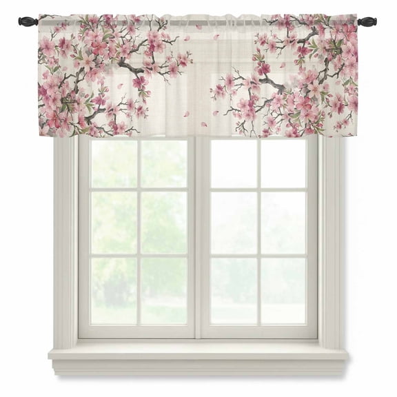 Spring Cherry Blossoms Sheer Valances for Windows, Vintage Pink Flowers Branch Petal Linen Texture Semi Sheer Kitchen Valance Rod Pocket Small Voile Curtains for Living Room Bedroom 42 x 12 Inch