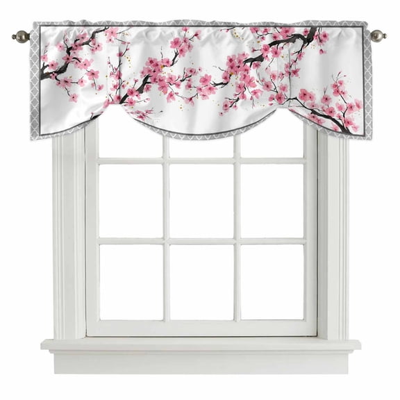 Spring Cherry Blossoms Tie Up Valance for Windows, Pink Flower Branch Gray Border Adjustable Rod Pocket Tie Up Valance Curtains Window Treatment for Kitchen Bathroom Bedroom 42 X 12 Inch