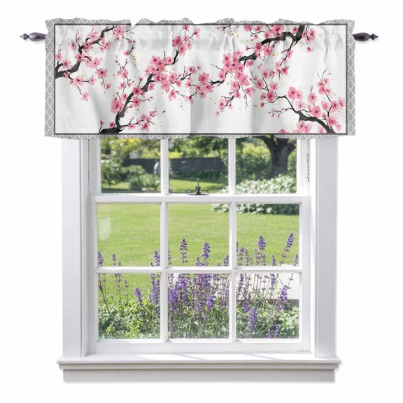 Spring Cherry Blossoms Valances for Windows Pink Flower Branch Gray Border Rod Pocket Cafe Window Treatments Valance Curtains for Kitchen Bathroom Laundry Basement Windows 42"x12"