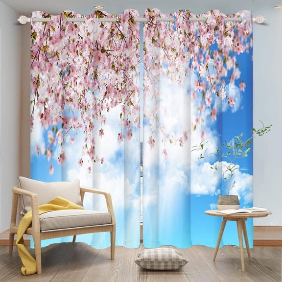 Spring Cherry Blossoms Window Curtains Japanese Pink Peach Flowers Blue Sky White Clouds Window Treatments Nature Scenery Blackout Drapes For Bedroom Living Home Decor 42"W x 63"L (Pack of 2)